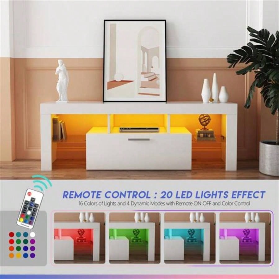 FashionTVstandTVcabinet, EntertainmentCenter, TVstationTV console, media console, with LEDlight belt, light belt remote control, toughenedglassshelf, metal handle, Canbeplaced in living room, bedroom, white
