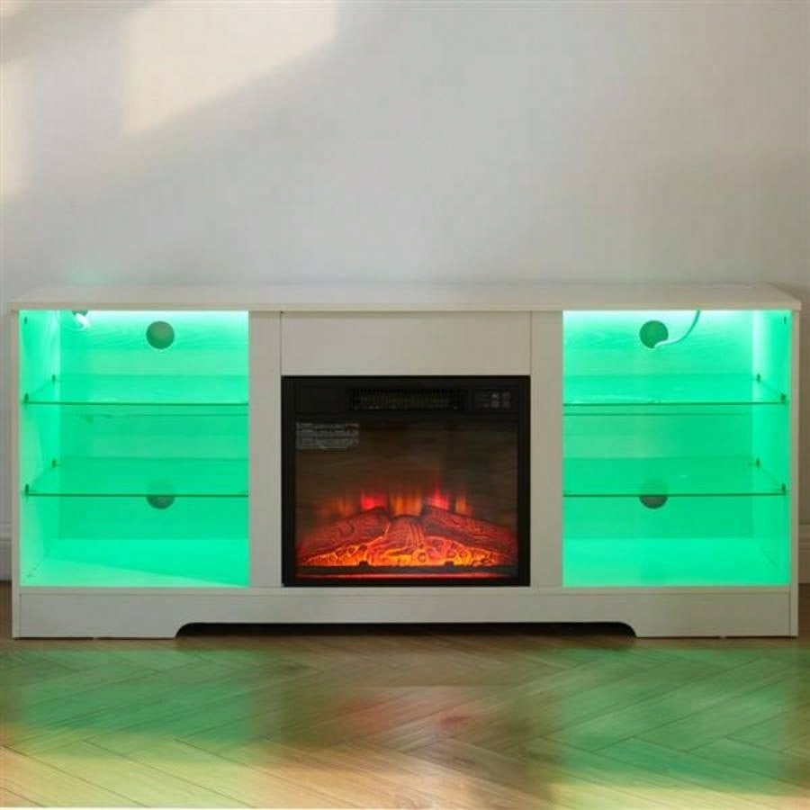 TV Stand Fireplace TV Stand with Glass Shelves, 3D Fireplace TV Stand with LED Lights Wood with USB Charging Outlet Modern Television Table Center TV up to 32 - 62 White 5839; 39; 15.539; 39; D*24.4