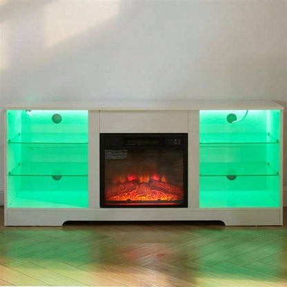 TV Stand Fireplace TV Stand with Glass Shelves, 3D Fireplace TV Stand with LED Lights Wood with USB Charging Outlet Modern Television Table Center TV up to 32 - 62 White 5839; 39; 15.539; 39; D*24.4