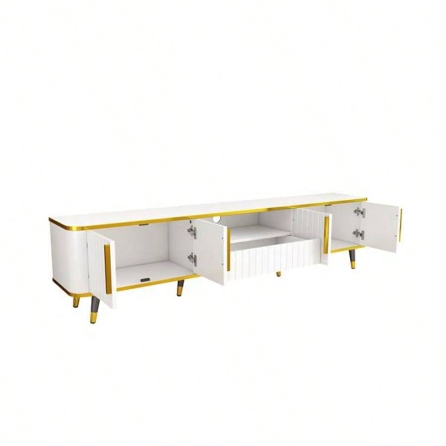 Luxury Minimalism TV Stand with Open Storage Shelf TVs Up to 85 Entertainment Center with Cabinets and Drawers, Practical Media Console with Unique Living Room, White
