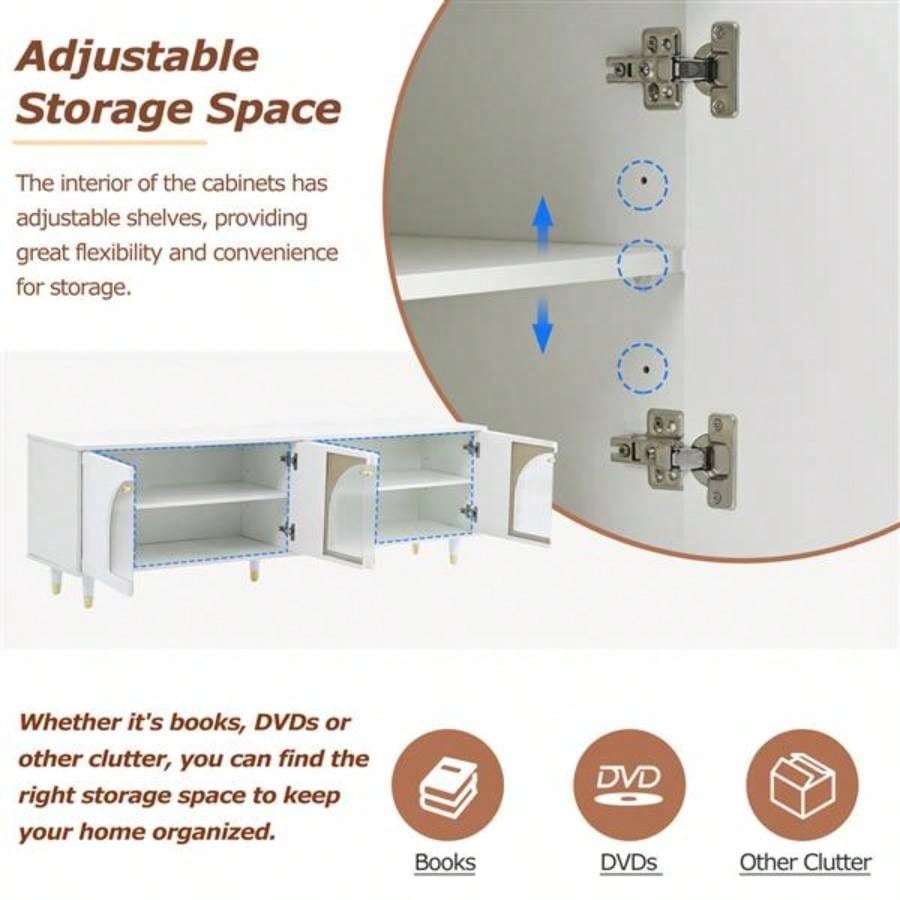 Contemporary TV Stand with Adjustable Shelves TVs Up to 7839; 39; Stylish Media Console with Gold Handles and Arch Fluted Glass Doors, Delicate Entertainment Center Living Room, White