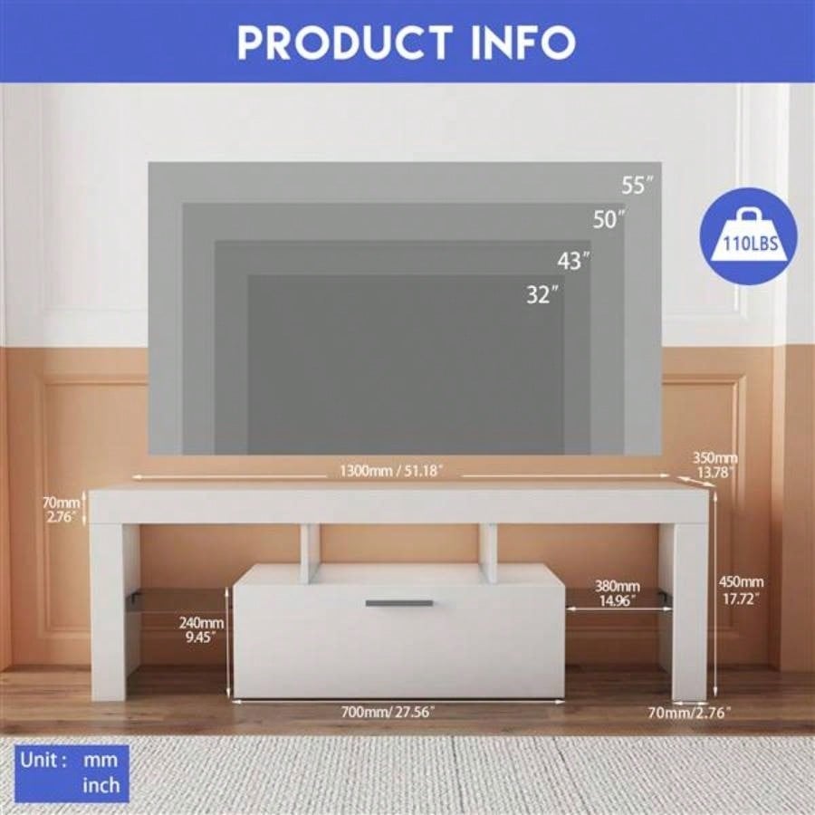 FashionTVstandTVcabinet, EntertainmentCenter, TVstationTV console, media console, with LEDlight belt, light belt remote control, toughenedglassshelf, metal handle, Canbeplaced in living room, bedroom, white