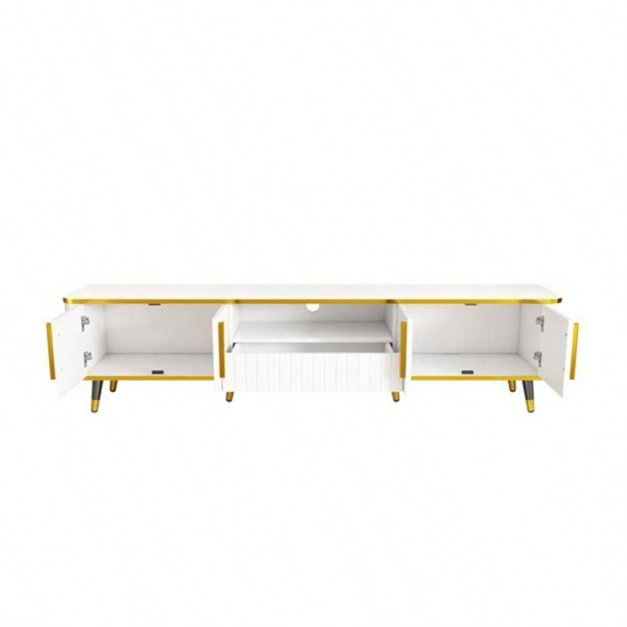 Luxury Minimalism TV Stand with Open Storage Shelf TVs Up to 85 Entertainment Center with Cabinets and Drawers, Practical Media Console with Unique Living Room, White