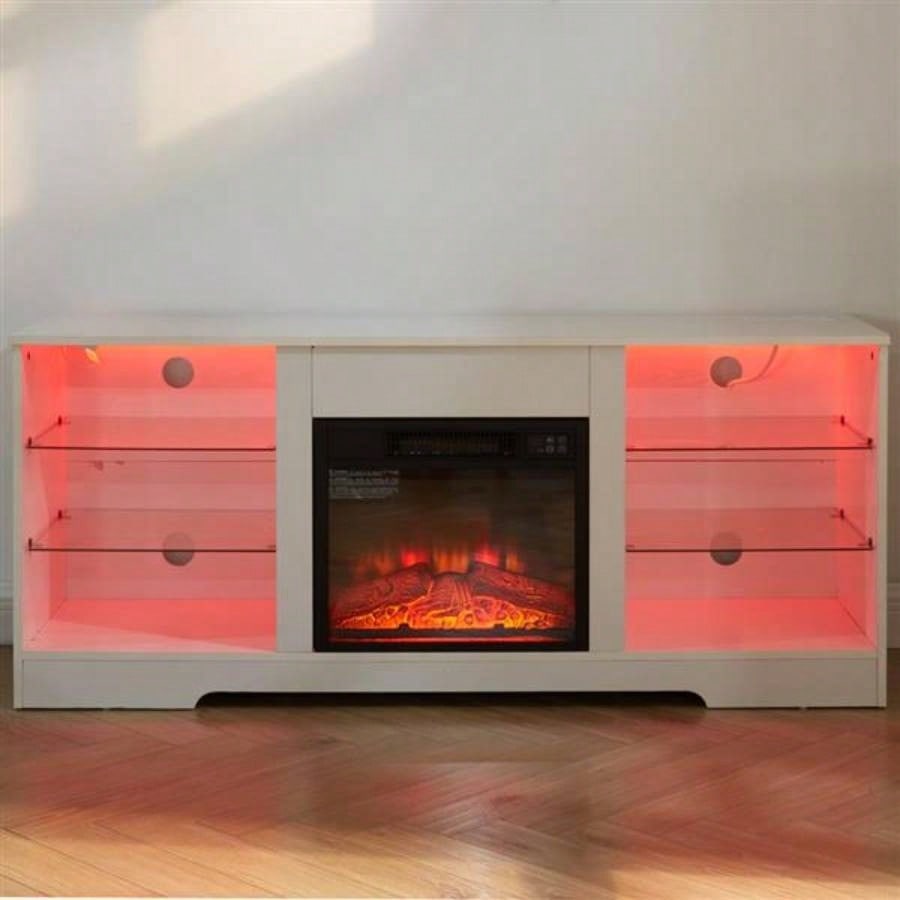 TV Stand Fireplace TV Stand with Glass Shelves, 3D Fireplace TV Stand with LED Lights Wood with USB Charging Outlet Modern Television Table Center TV up to 32 - 62 White 5839; 39; 15.539; 39; D*24.4