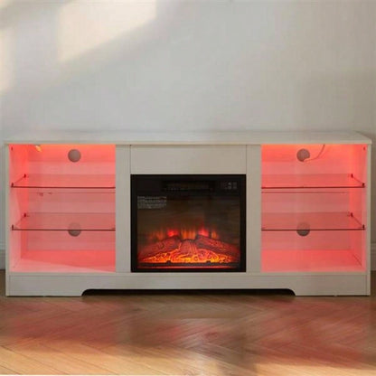 TV Stand Fireplace TV Stand with Glass Shelves, 3D Fireplace TV Stand with LED Lights Wood with USB Charging Outlet Modern Television Table Center TV up to 32 - 62 White 5839; 39; 15.539; 39; D*24.4