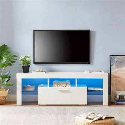 FashionTVstandTVcabinet, EntertainmentCenter, TVstationTV console, media console, with LEDlight belt, light belt remote control, toughenedglassshelf, metal handle, Canbeplaced in living room, bedroom, white