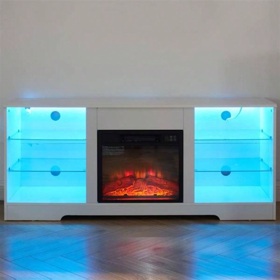 TV Stand Fireplace TV Stand with Glass Shelves, 3D Fireplace TV Stand with LED Lights Wood with USB Charging Outlet Modern Television Table Center TV up to 32 - 62 White 5839; 39; 15.539; 39; D*24.4