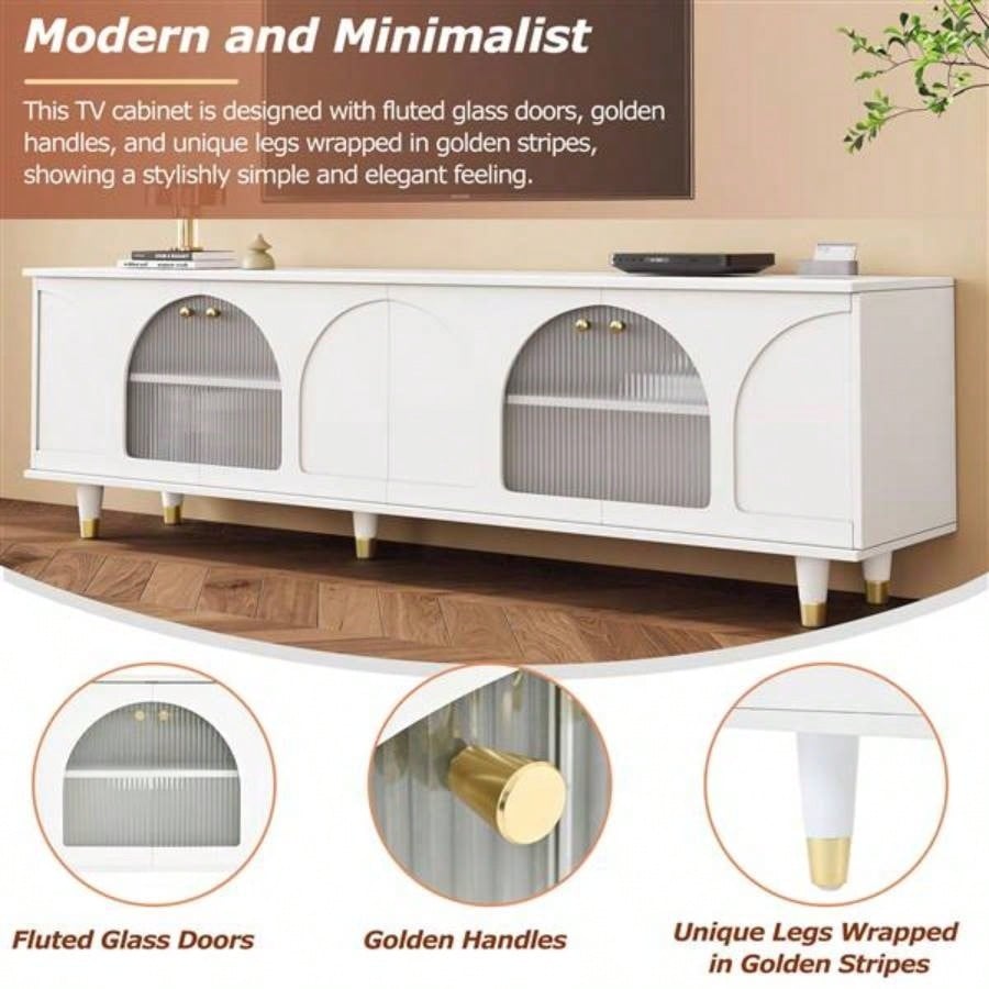 Contemporary TV Stand with Adjustable Shelves TVs Up to 7839; 39; Stylish Media Console with Gold Handles and Arch Fluted Glass Doors, Delicate Entertainment Center Living Room, White