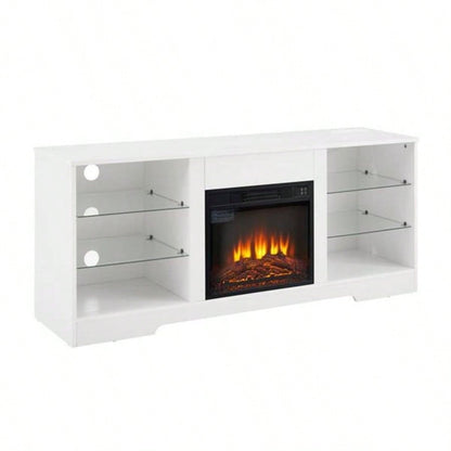 TV Stand Fireplace TV Stand with Glass Shelves, 3D Fireplace TV Stand with LED Lights Wood with USB Charging Outlet Modern Television Table Center TV up to 32 - 62 White 5839; 39; 15.539; 39; D*24.4