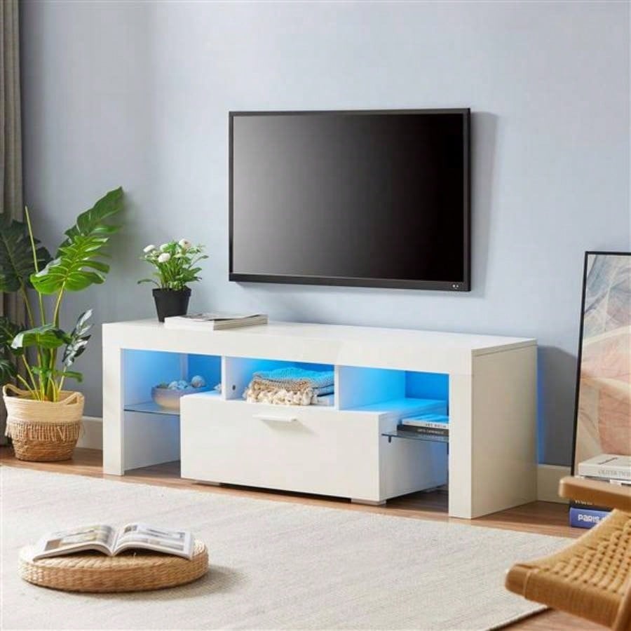 FashionTVstandTVcabinet, EntertainmentCenter, TVstationTV console, media console, with LEDlight belt, light belt remote control, toughenedglassshelf, metal handle, Canbeplaced in living room, bedroom, white