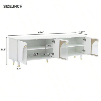 Contemporary TV Stand with Adjustable Shelves TVs Up to 7839; 39; Stylish Media Console with Gold Handles and Arch Fluted Glass Doors, Delicate Entertainment Center Living Room, White