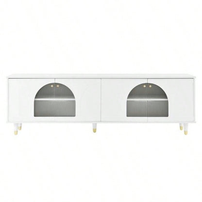 Contemporary TV Stand with Adjustable Shelves TVs Up to 7839; 39; Stylish Media Console with Gold Handles and Arch Fluted Glass Doors, Delicate Entertainment Center Living Room, White