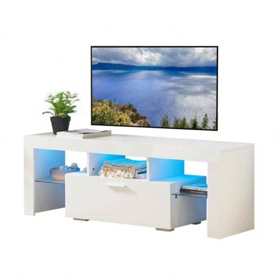 FashionTVstandTVcabinet, EntertainmentCenter, TVstationTV console, media console, with LEDlight belt, light belt remote control, toughenedglassshelf, metal handle, Canbeplaced in living room, bedroom, white