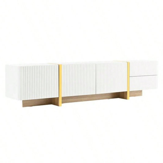 Luxury Fluted TV Stand TVs Up to 8039; 39; Modern Entertainment Center with Storage Cabinets Drawers, Smooth Media Console with lden Wood Grain Living Room, White