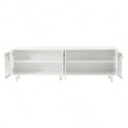 Contemporary TV Stand with Adjustable Shelves TVs Up to 7839; 39; Stylish Media Console with Gold Handles and Arch Fluted Glass Doors, Delicate Entertainment Center Living Room, White