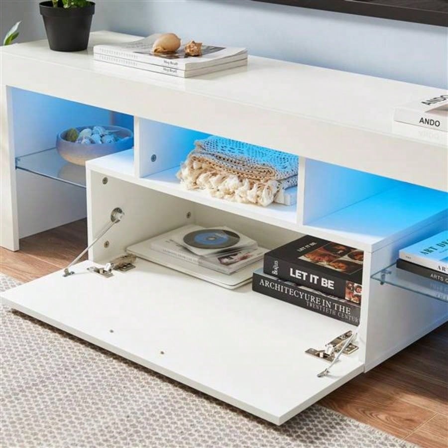FashionTVstandTVcabinet, EntertainmentCenter, TVstationTV console, media console, with LEDlight belt, light belt remote control, toughenedglassshelf, metal handle, Canbeplaced in living room, bedroom, white