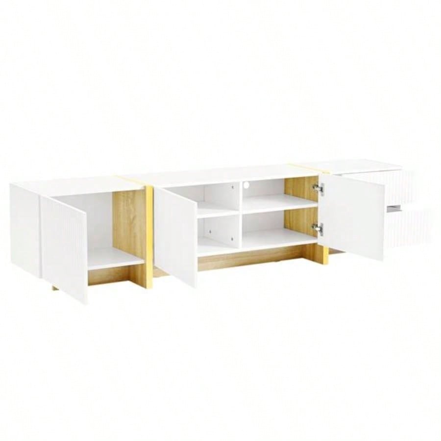 Luxury Fluted TV Stand TVs Up to 8039; 39; Modern Entertainment Center with Storage Cabinets Drawers, Smooth Media Console with lden Wood Grain Living Room, White