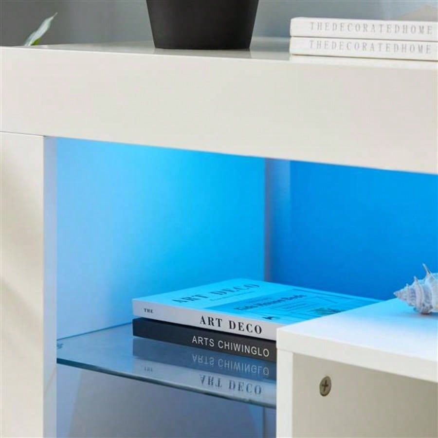 FashionTVstandTVcabinet, EntertainmentCenter, TVstationTV console, media console, with LEDlight belt, light belt remote control, toughenedglassshelf, metal handle, Canbeplaced in living room, bedroom, white