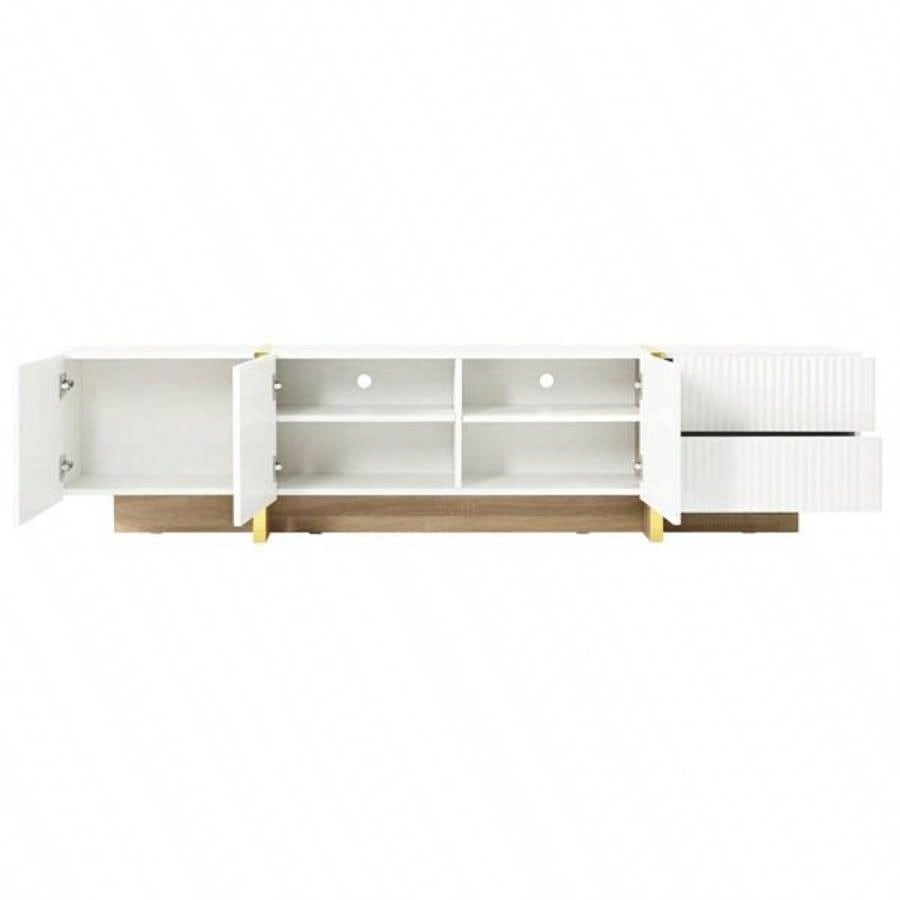 Luxury Fluted TV Stand TVs Up to 8039; 39; Modern Entertainment Center with Storage Cabinets Drawers, Smooth Media Console with lden Wood Grain Living Room, White