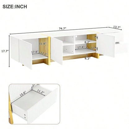 Luxury Fluted TV Stand TVs Up to 8039; 39; Modern Entertainment Center with Storage Cabinets Drawers, Smooth Media Console with lden Wood Grain Living Room, White