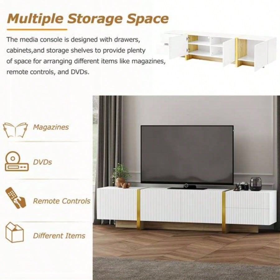 Luxury Fluted TV Stand TVs Up to 8039; 39; Modern Entertainment Center with Storage Cabinets Drawers, Smooth Media Console with lden Wood Grain Living Room, White