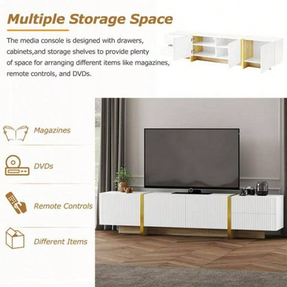 Luxury Fluted TV Stand TVs Up to 8039; 39; Modern Entertainment Center with Storage Cabinets Drawers, Smooth Media Console with lden Wood Grain Living Room, White
