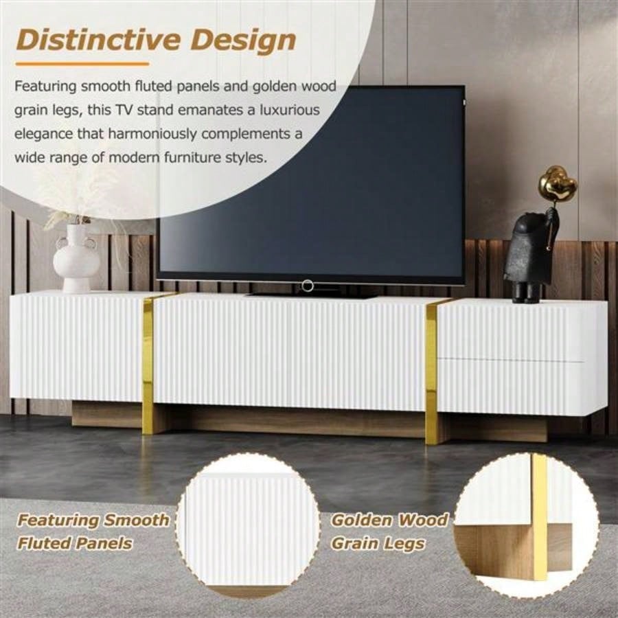 Luxury Fluted TV Stand TVs Up to 8039; 39; Modern Entertainment Center with Storage Cabinets Drawers, Smooth Media Console with lden Wood Grain Living Room, White