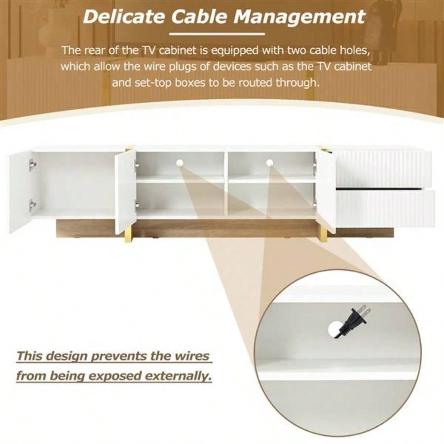 Luxury Fluted TV Stand TVs Up to 8039; 39; Modern Entertainment Center with Storage Cabinets Drawers, Smooth Media Console with lden Wood Grain Living Room, White