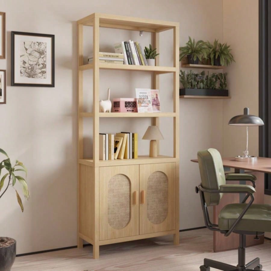 4 - layer with double doors Triamcinol board rattan surface 78*35.5*180cm display cabinet wood color