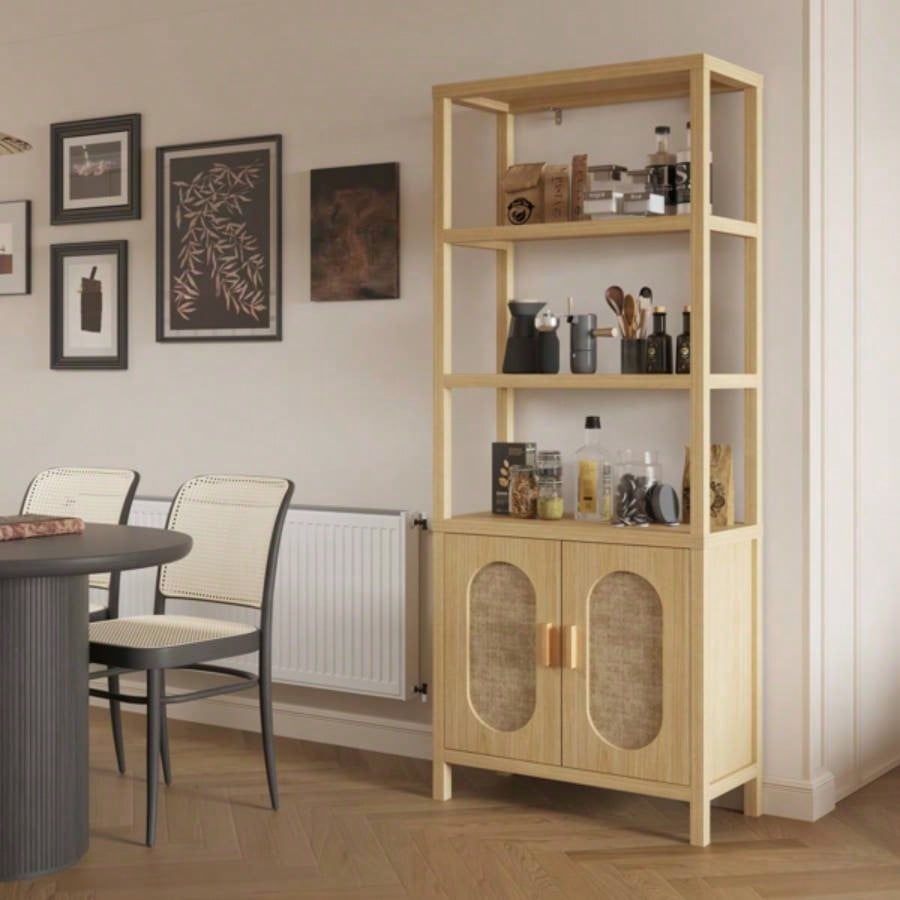 4 - layer with double doors Triamcinol board rattan surface 78*35.5*180cm display cabinet wood color