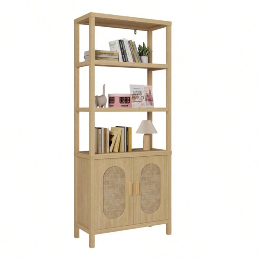 4 - layer with double doors Triamcinol board rattan surface 78*35.5*180cm display cabinet wood color
