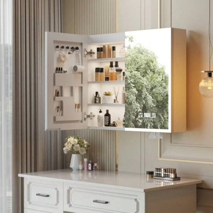 White Particleboard LED Mirror Cabinet 32*28 inches Acrylic Frame, Double Doors, Shelves, with Time Temperature, Three - tone Lighting, Adjustable Brightness, Power - off, Defogging, 2 I