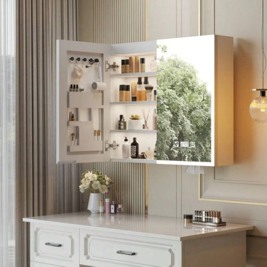 White Particleboard LED Mirror Cabinet 32*28 inches Acrylic Frame, Double Doors, Shelves, with Time Temperature, Three - tone Lighting, Adjustable Brightness, Power - off, Defogging, 2 I