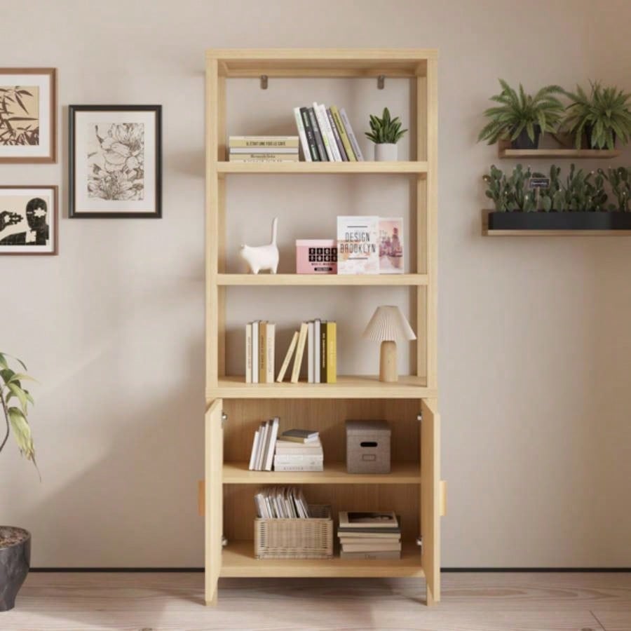 4 - layer with double doors Triamcinol board rattan surface 78*35.5*180cm display cabinet wood color