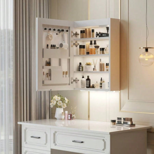 White Particleboard LED Mirror Cabinet 20*28 inches Acrylic Frame, 1 Door, 4 Shelves, with Time Temperature Display, Three - color Lighting, Adjustable Brightness, Power - off, 2 Plugs 2