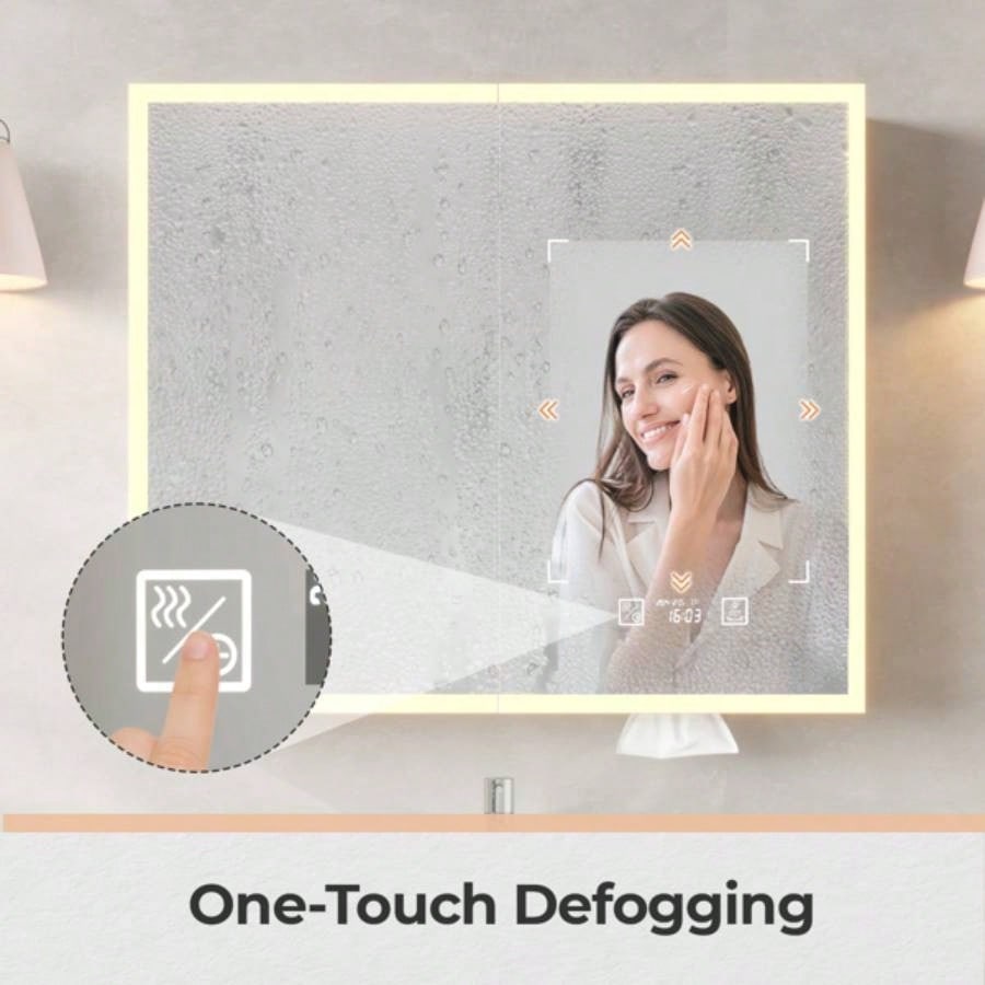 White Particleboard LED Mirror Cabinet 32*28 inches Acrylic Frame, Double Doors, Shelves, with Time Temperature, Three - tone Lighting, Adjustable Brightness, Power - off, Defogging, 2 I