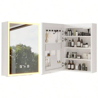 White Particleboard LED Mirror Cabinet 20*28 inches Acrylic Frame, 1 Door, 4 Shelves, with Time Temperature Display, Three - color Lighting, Adjustable Brightness, Power - off, 2 Plugs 2