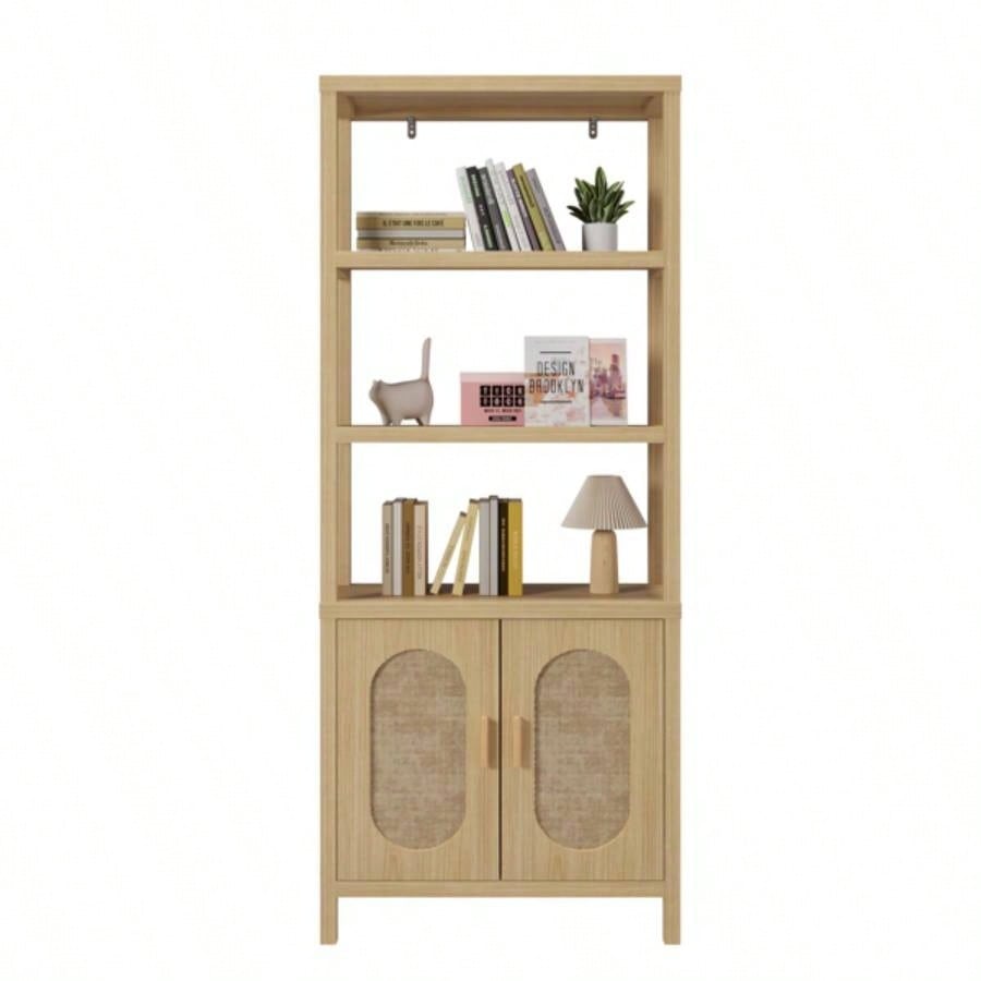 4 - layer with double doors Triamcinol board rattan surface 78*35.5*180cm display cabinet wood color