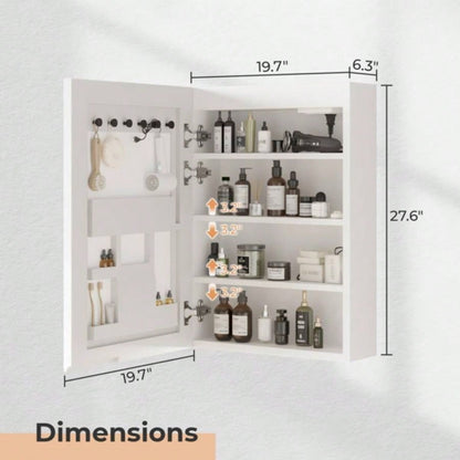 White Particleboard LED Mirror Cabinet 20*28 inches Acrylic Frame, 1 Door, 4 Shelves, with Time Temperature Display, Three - color Lighting, Adjustable Brightness, Power - off, 2 Plugs 2