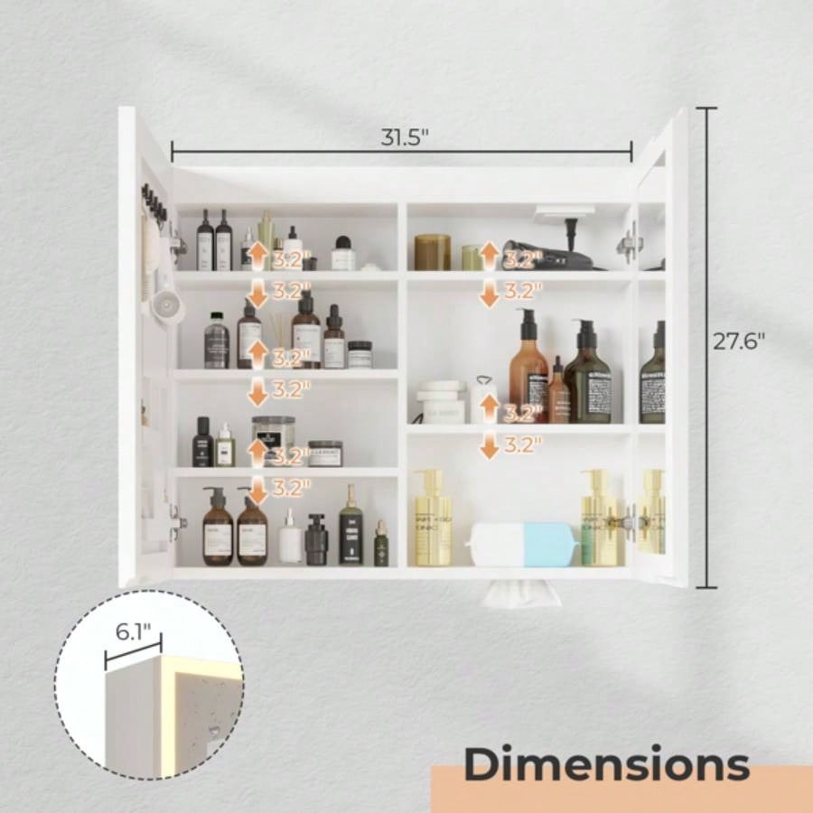 White Particleboard LED Mirror Cabinet 32*28 inches Acrylic Frame, Double Doors, Shelves, with Time Temperature, Three - tone Lighting, Adjustable Brightness, Power - off, Defogging, 2 I