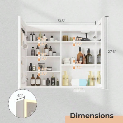 White Particleboard LED Mirror Cabinet 32*28 inches Acrylic Frame, Double Doors, Shelves, with Time Temperature, Three - tone Lighting, Adjustable Brightness, Power - off, Defogging, 2 I