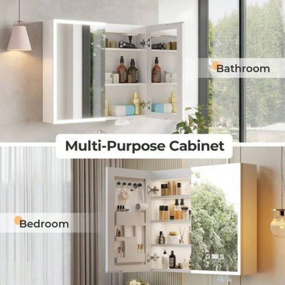 White Particleboard LED Mirror Cabinet 32*28 inches Acrylic Frame, Double Doors, Shelves, with Time Temperature, Three - tone Lighting, Adjustable Brightness, Power - off, Defogging, 2 I