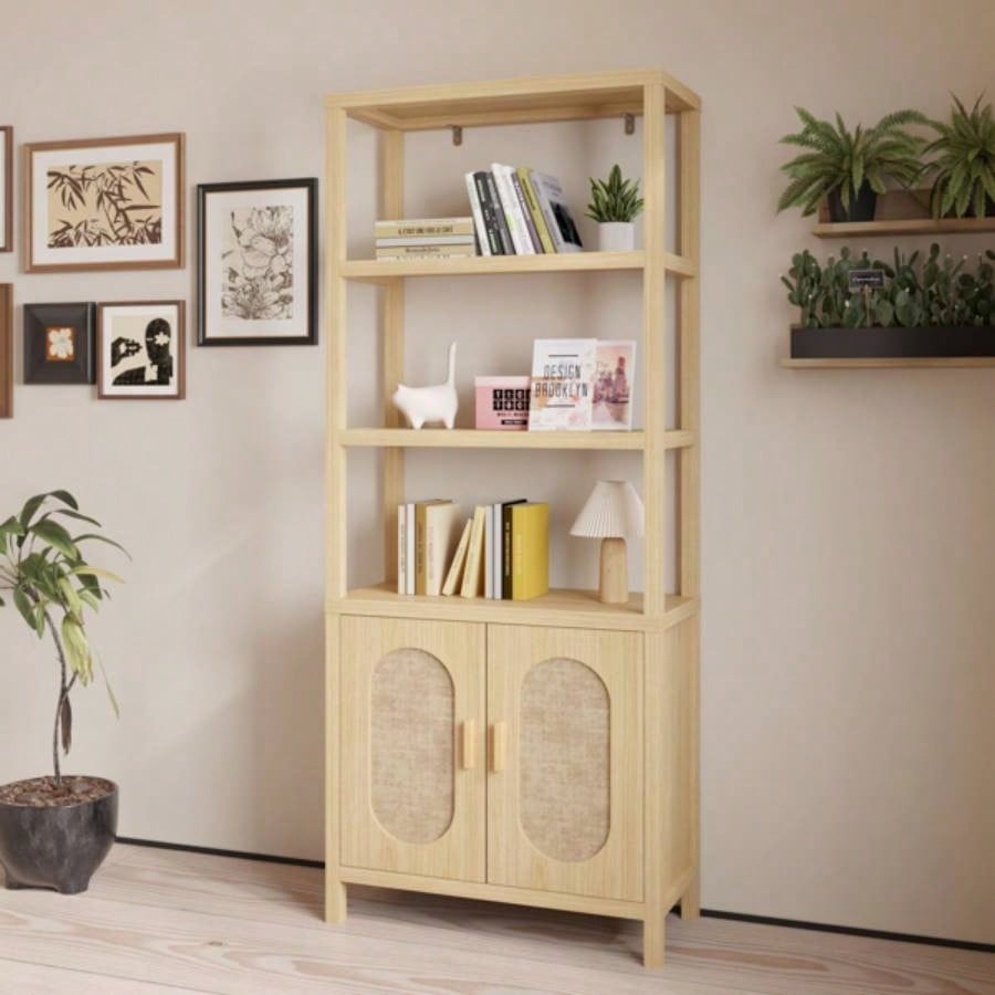 4 - layer with double doors Triamcinol board rattan surface 78*35.5*180cm display cabinet wood color