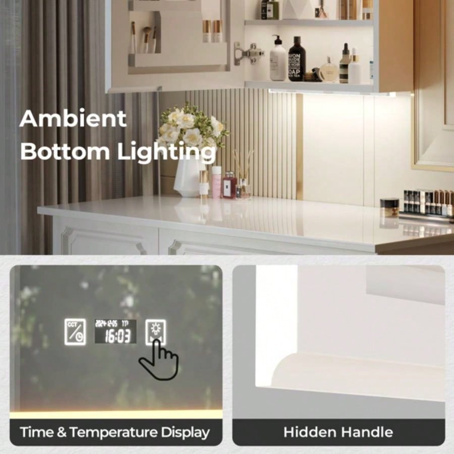 White Particleboard LED Mirror Cabinet 20*28 inches Acrylic Frame, 1 Door, 4 Shelves, with Time Temperature Display, Three - color Lighting, Adjustable Brightness, Power - off, 2 Plugs 2