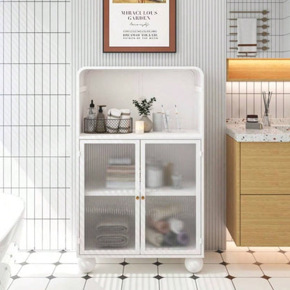 45.28 H Storage Cabinet, Bathroom Floor Cabinet with Glass Door and Shelves, Freestanding Display Storage Cabinet Bathroom, Living Room, Kitchen, Home Office, White