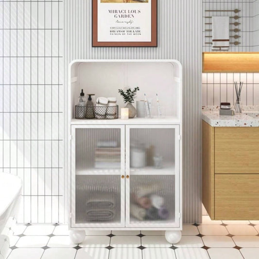 45.28 H Storage Cabinet, Bathroom Floor Cabinet with Glass Door and Shelves, Freestanding Display Storage Cabinet Bathroom, Living Room, Kitchen, Home Office, White
