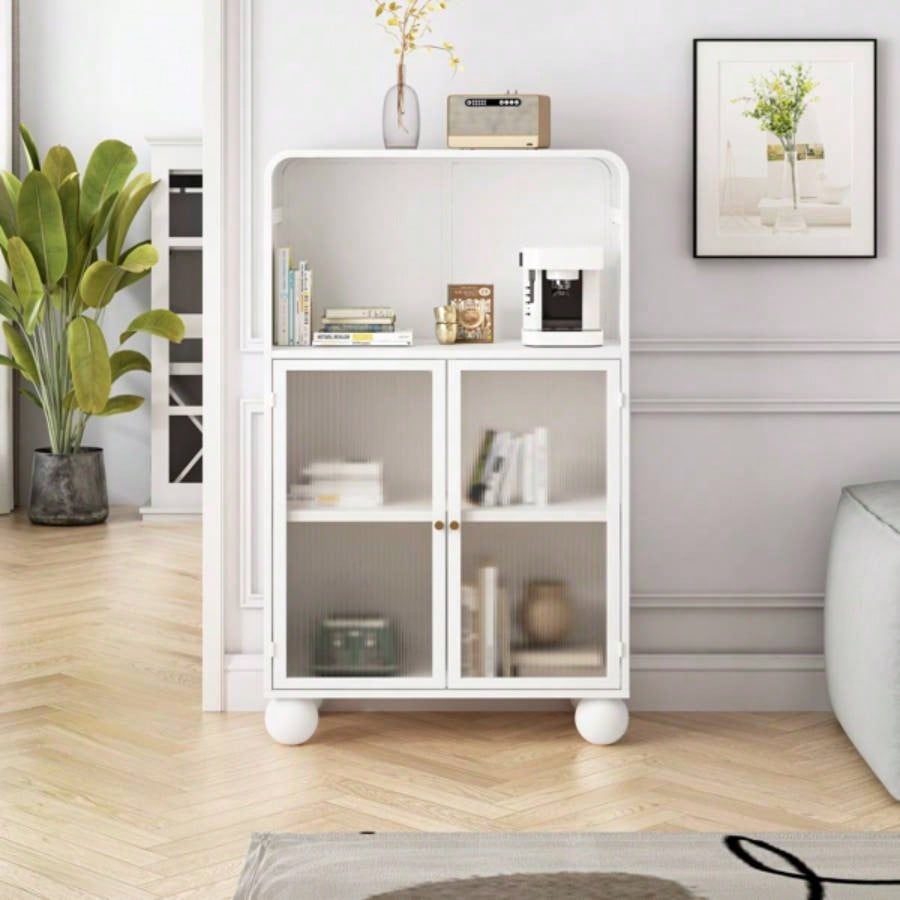 45.28 H Storage Cabinet, Bathroom Floor Cabinet with Glass Door and Shelves, Freestanding Display Storage Cabinet Bathroom, Living Room, Kitchen, Home Office, White