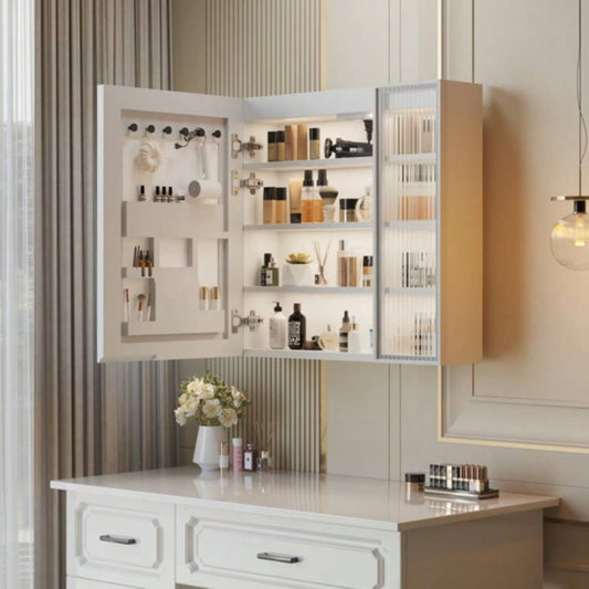 White Particleboard LED Mirror Cabinet 20+8.5*28 inches, LED Mirror Cabinet with 1 Glass Mirror Door, 1 Changhong Glass Door, 8 - Layer Shelves, Time Temperature Display, Three - Tone Lighting, Ad