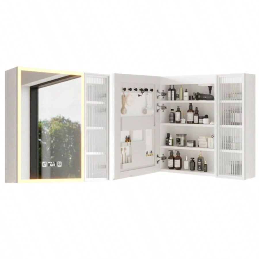 White Particleboard LED Mirror Cabinet 20+8.5*28 inches, LED Mirror Cabinet with 1 Glass Mirror Door, 1 Changhong Glass Door, 8 - Layer Shelves, Time Temperature Display, Three - Tone Lighting, Ad