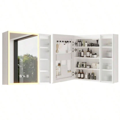 White Particleboard LED Mirror Cabinet 20+8.5*28 inches, LED Mirror Cabinet with 1 Glass Mirror Door, 1 Changhong Glass Door, 8 - Layer Shelves, Time Temperature Display, Three - Tone Lighting, Ad